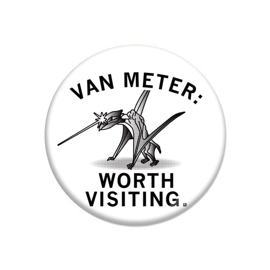 Circular RAYGUN pin-back button featuring an illustration of a pterodactyl and the text VAN METER: WORTH VISITING.