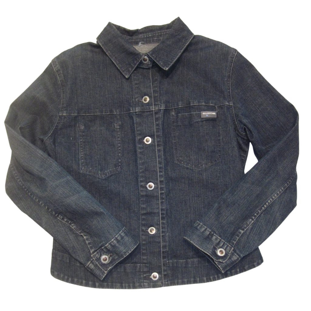 Vintage dark wash denim jacket with a button-down front, collar, and two chest pockets featuring a SilverTab brand label.