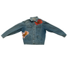 Vintage blue denim jacket featuring two cat-shaped patches on the front.