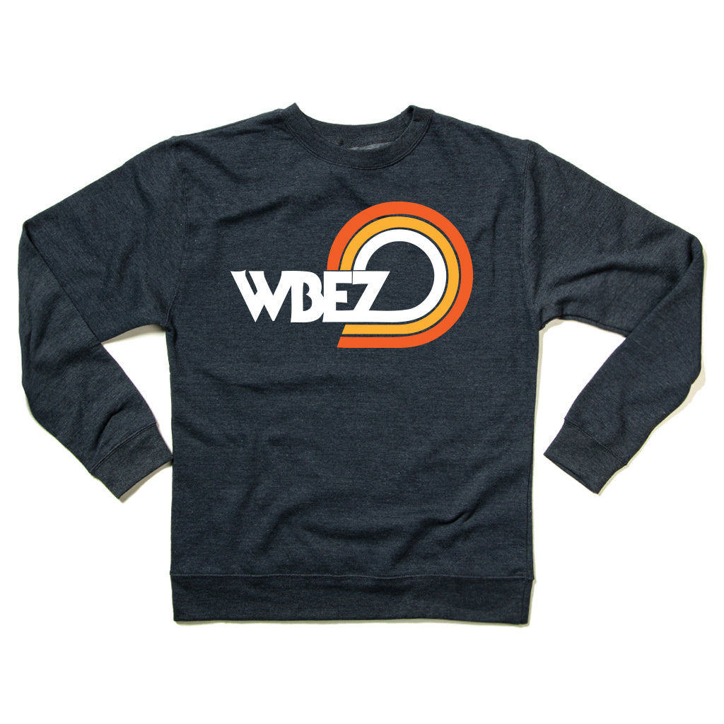 Dark gray WBEZ Chicago sweatshirt featuring the station’s logo in white with orange and yellow circular accents.