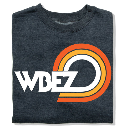 Charcoal gray crewneck sweatshirt featuring the WBEZ Chicago vintage logo in white and orange on the front.