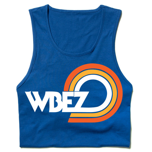 Royal blue cropped tank top featuring the vintage WBEZ Chicago logo surrounded by concentric orange and yellow semicircles.