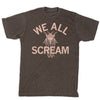 Short sleeve heather brown t-shirt with light brown print of a cicada with the text "WE ALL SCREAM"