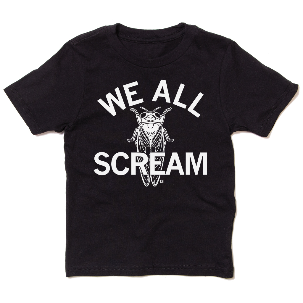 Union-made black short-sleeved t-shirt with a white screen print graphic of a cicada and the text WE ALL SCREAM.