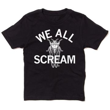 Union-made black short-sleeved t-shirt with a white screen print graphic of a cicada and the text WE ALL SCREAM.