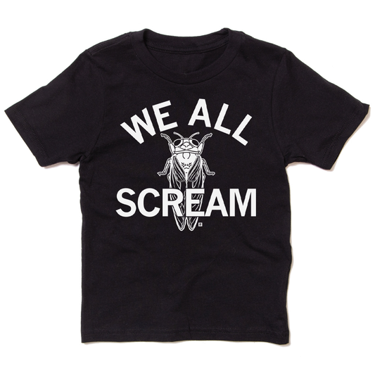 Union-made black short-sleeved t-shirt with a white screen print graphic of a cicada and the text WE ALL SCREAM.