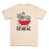 Cream-colored RAYGUN t-shirt with a graphic of a red bowl of cereal containing a city skyline and Quaker Oats, captioned WE BUILT THIS CITY ON CE*RE*AL.