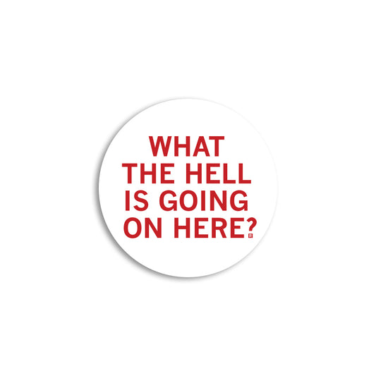 A circular RAYGUN vinyl sticker with the red text WHAT THE HELL IS GOING ON HERE?.