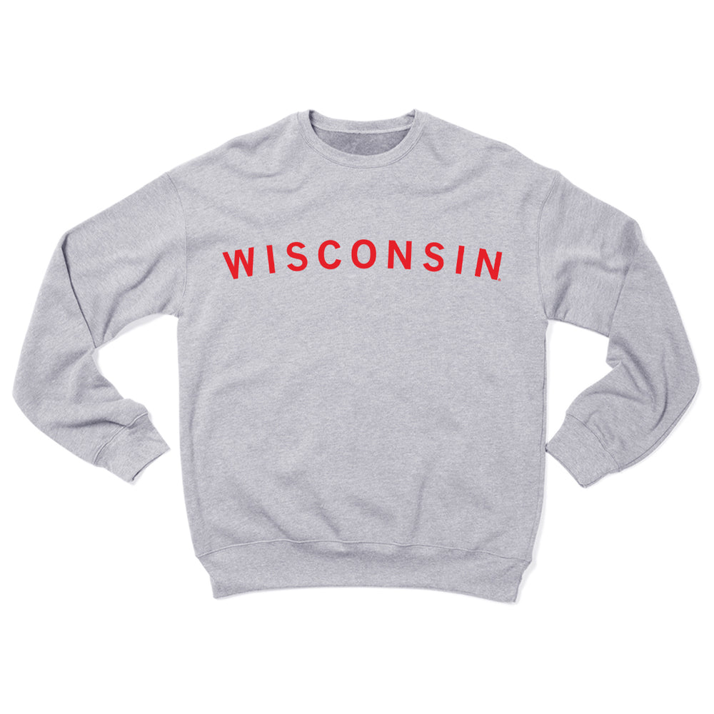 Heather grey crewneck sweatshirt with "Wisconsin" printed across it in red ink.