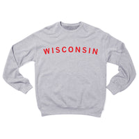 Heather grey crewneck sweatshirt with "Wisconsin" printed across it in red ink.