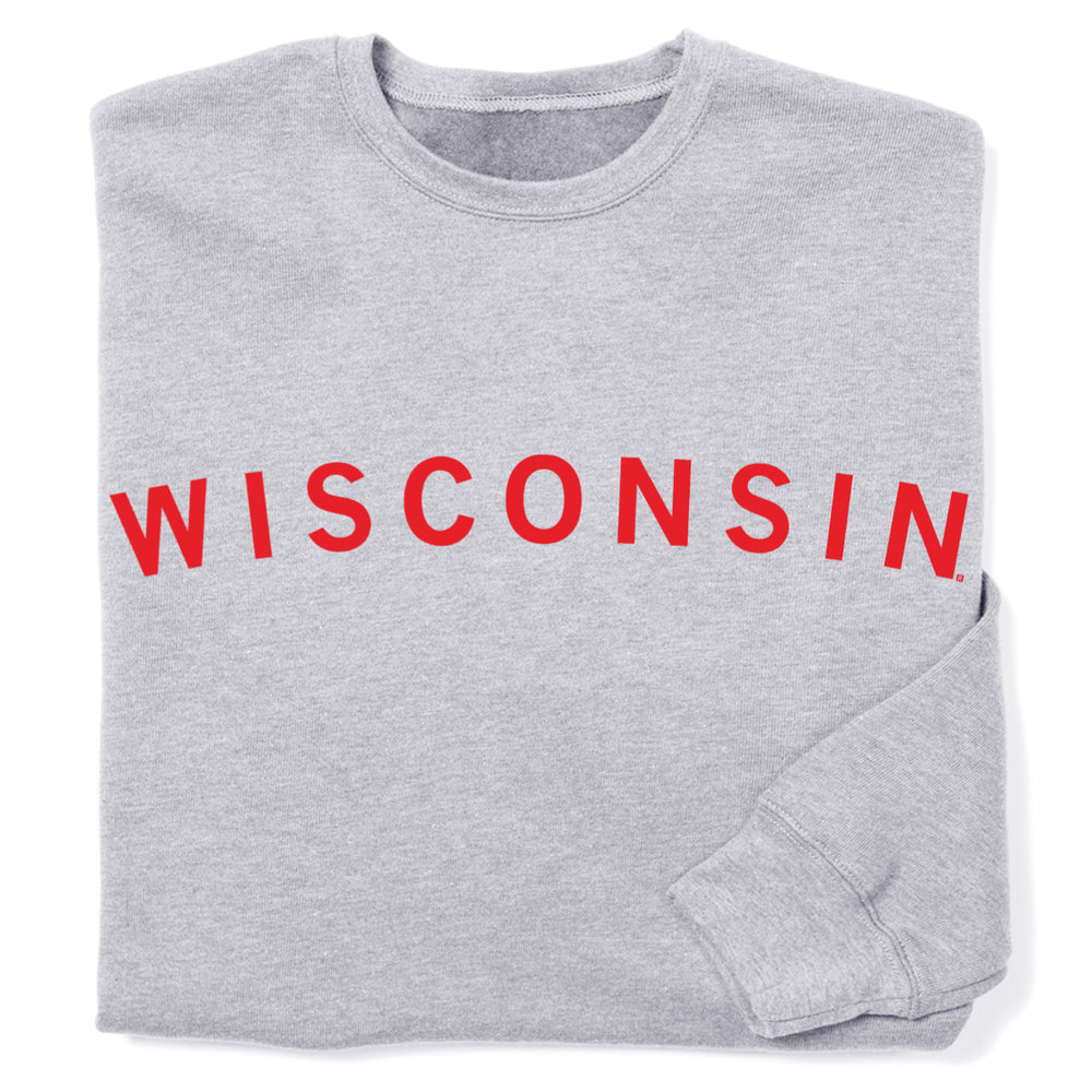 Light grey sweatshirt with red ink that says, "Wisconsin"