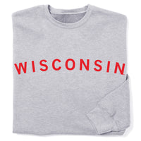 Light grey sweatshirt with red ink that says, "Wisconsin"