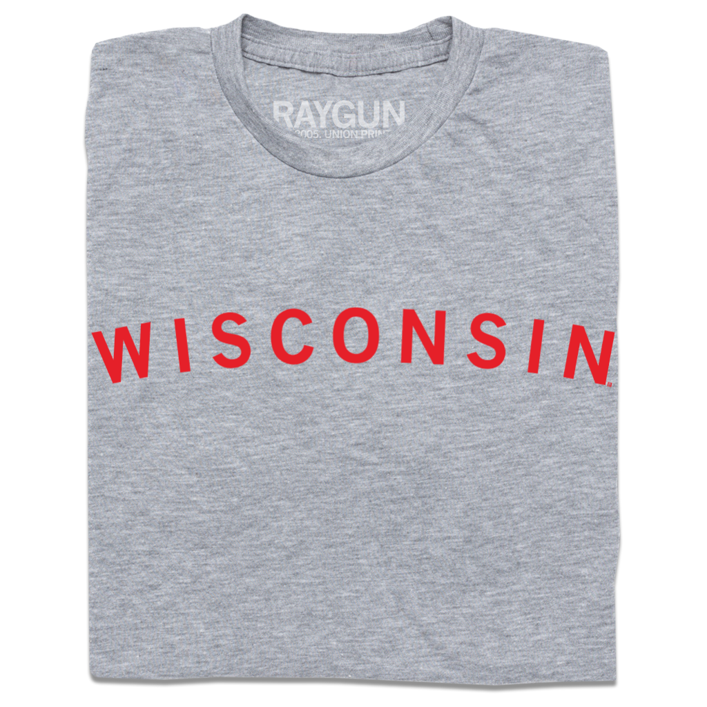 Grey union-made t-shirt with WISCONSIN printed in red capital letters across the chest.
