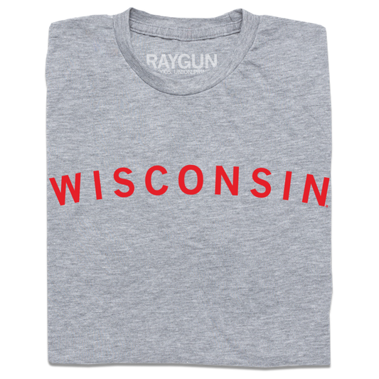 Grey union-made t-shirt with WISCONSIN printed in red capital letters across the chest.