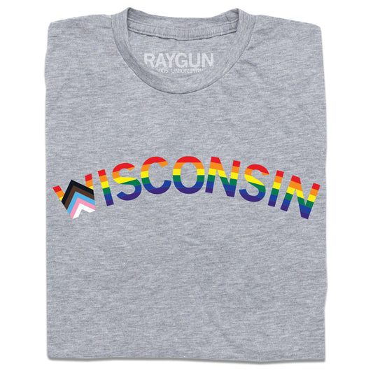 Heather grey t-shirt featuring the word WISCONSIN in rainbow and pride flag colors.
