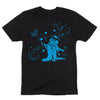 Black union made t-shirt featuring a blue wizard graphic of a cat wearing a witch’s hat and robe, holding a glowing wand amidst stars and planets.