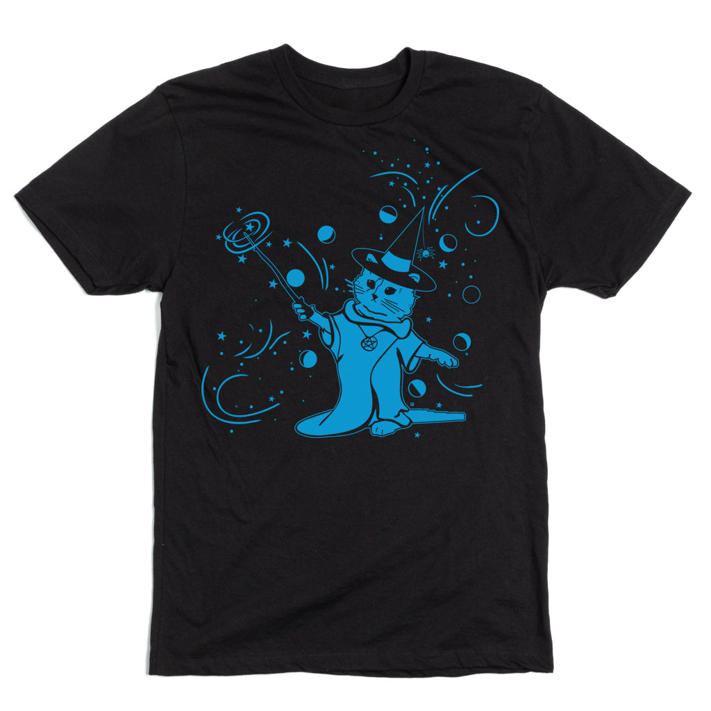 Black union made t-shirt featuring a blue wizard graphic of a cat wearing a witch’s hat and robe, holding a glowing wand amidst stars and planets.