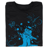Black union-made t-shirt featuring a blue wizard screen print of a cat wearing a witch hat and robe, holding a wand amidst stars and orbs.