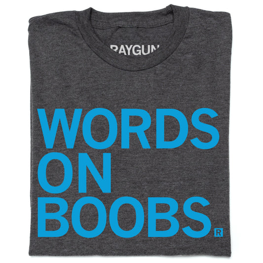 A charcoal grey RAYGUN t-shirt with the blue text WORDS ON BOOBS printed on the front.