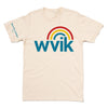 Cream-colored WVIK vintage logo t-shirt featuring a blue logo topped with a red, yellow, and blue rainbow arch, with Quad Cities | Dubuque npr printed on the right sleeve.