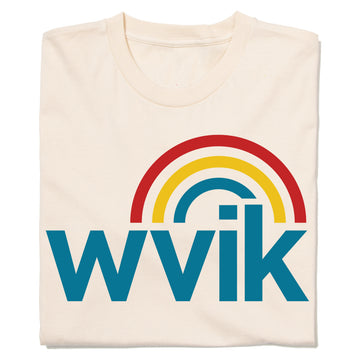 Off-white vintage logo t-shirt featuring a blue WVIK emblem beneath a red, yellow, and blue rainbow arch.