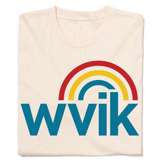 Off-white vintage logo t-shirt featuring a blue WVIK emblem beneath a red, yellow, and blue rainbow arch.