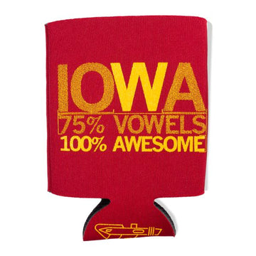 Red foam drink sleeve with gold plastisol ink reading IOWA 75% VOWELS 100% AWESOME.