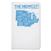 A notebook cover with a blue screen print map of the U.S. Midwest, featuring humorous, satirical labels for each state and the title, THE MIDWEST! MAP OF THE WORLDS GREATEST REGION: RIVALRY EDITION.