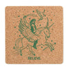 Square natural cork coaster featuring a green print of a pirate riding a winged unicorn with a parrot flying above and the word BELIEVE. printed at the bottom.