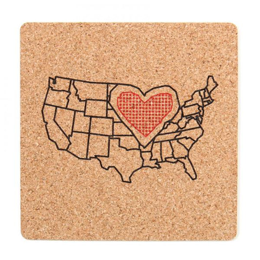 Square cork coaster made in the USA, featuring a black outline map of the United States with a red dotted heart shape over the Midwest.