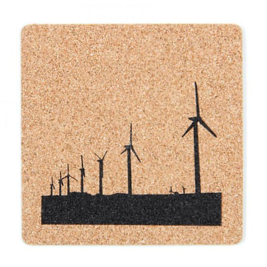 Square cork coaster featuring a black silhouette of a wind farm.