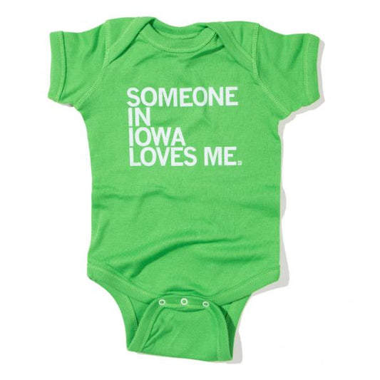 Bright green baby rib cotton bodysuit featuring the white text SOMEONE IN IOWA LOVES ME.