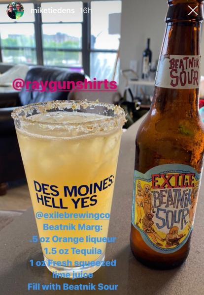 A Des Moines pint glass filled with a cocktail featuring a salt rim sits next to a bottle of Exile Beatnik Sour beer, with a superimposed recipe for a Beatnik Marg.