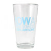 Clear dishwasher-safe pint glass with blue text that reads IOWA: 75% VOWELS, 100% AWESOME.