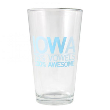 Clear dishwasher-safe pint glass with blue text that reads IOWA: 75% VOWELS, 100% AWESOME.