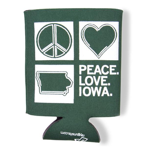 Dark green scuba foam can cooler with a white print showing a peace sign, a heart, an outline of Iowa, and the text PEACE. LOVE. IOWA.