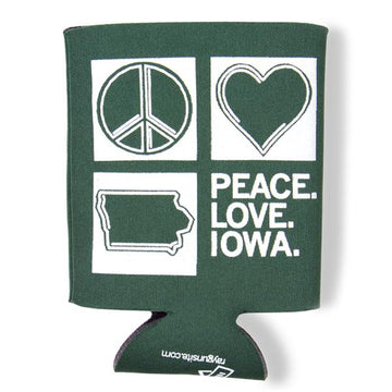 Dark green scuba foam can cooler with a white print showing a peace sign, a heart, an outline of Iowa, and the text PEACE. LOVE. IOWA.
