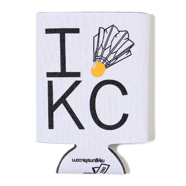 White RAYGUN beverage insulator featuring the text I [shuttlecock graphic] KC and the website raygunsite.com at the bottom.