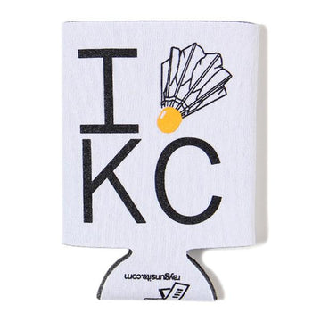 White RAYGUN beverage insulator featuring the text I [shuttlecock graphic] KC and the website raygunsite.com at the bottom.