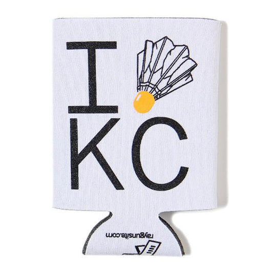 White RAYGUN beverage insulator featuring the text I [shuttlecock graphic] KC and the website raygunsite.com at the bottom.