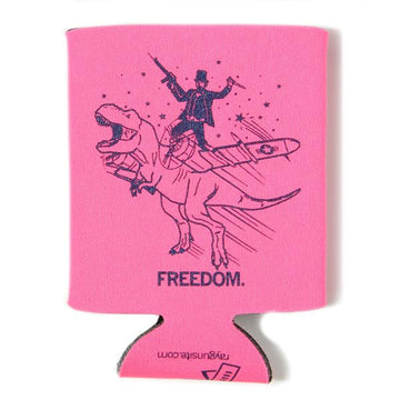 Pink scuba foam drink sleeve featuring a graphic of a man in a top hat riding a T-Rex that is carrying an airplane wing, with the word FREEDOM printed in navy plastisol ink below.