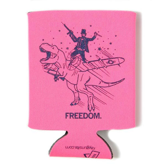 Pink scuba foam drink sleeve featuring a graphic of a man in a top hat riding a T-Rex that is carrying an airplane wing, with the word FREEDOM printed in navy plastisol ink below.