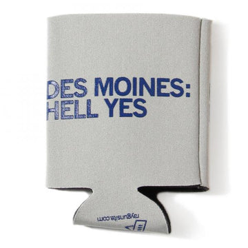 Light gray scuba foam beverage cooler with the text DES MOINES: HELL YES printed in navy plastisol ink.