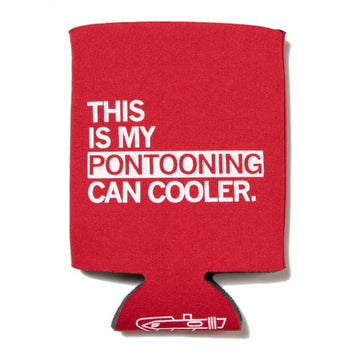 Red scuba foam can cooler with white text that reads, THIS IS MY PONTOONING CAN COOLER.