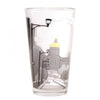 Clear pint glass featuring a black-and-white, soy-based ink graphic of a city street leading toward an Iowa Capitol building with a gold dome.