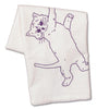 White flour sack kitchen towel featuring a purple line drawing of a cat hanging by one paw.