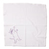 A white flour sack kitchen towel featuring a line drawing of a cat lying on its back.