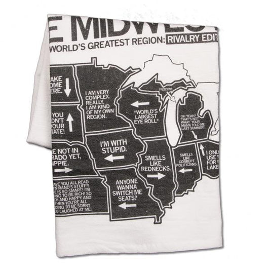 A white flour sack kitchen towel printed with a satirical, rivalry edition map of the Midwest featuring humorous labels for different states.
