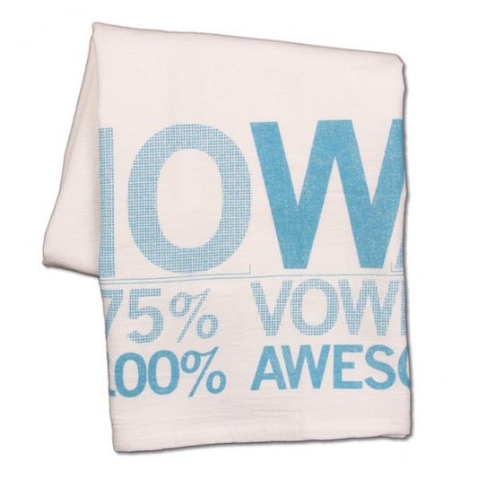 White flour sack tea towel printed with the text WOW, 75% VOWEL, and 100% AWESOME in blue.