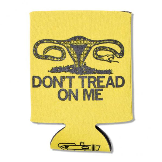 Yellow beverage insulator with a black graphic of a snake-shaped uterus above the text DONT TREAD ON ME, featuring a feminist flag design.